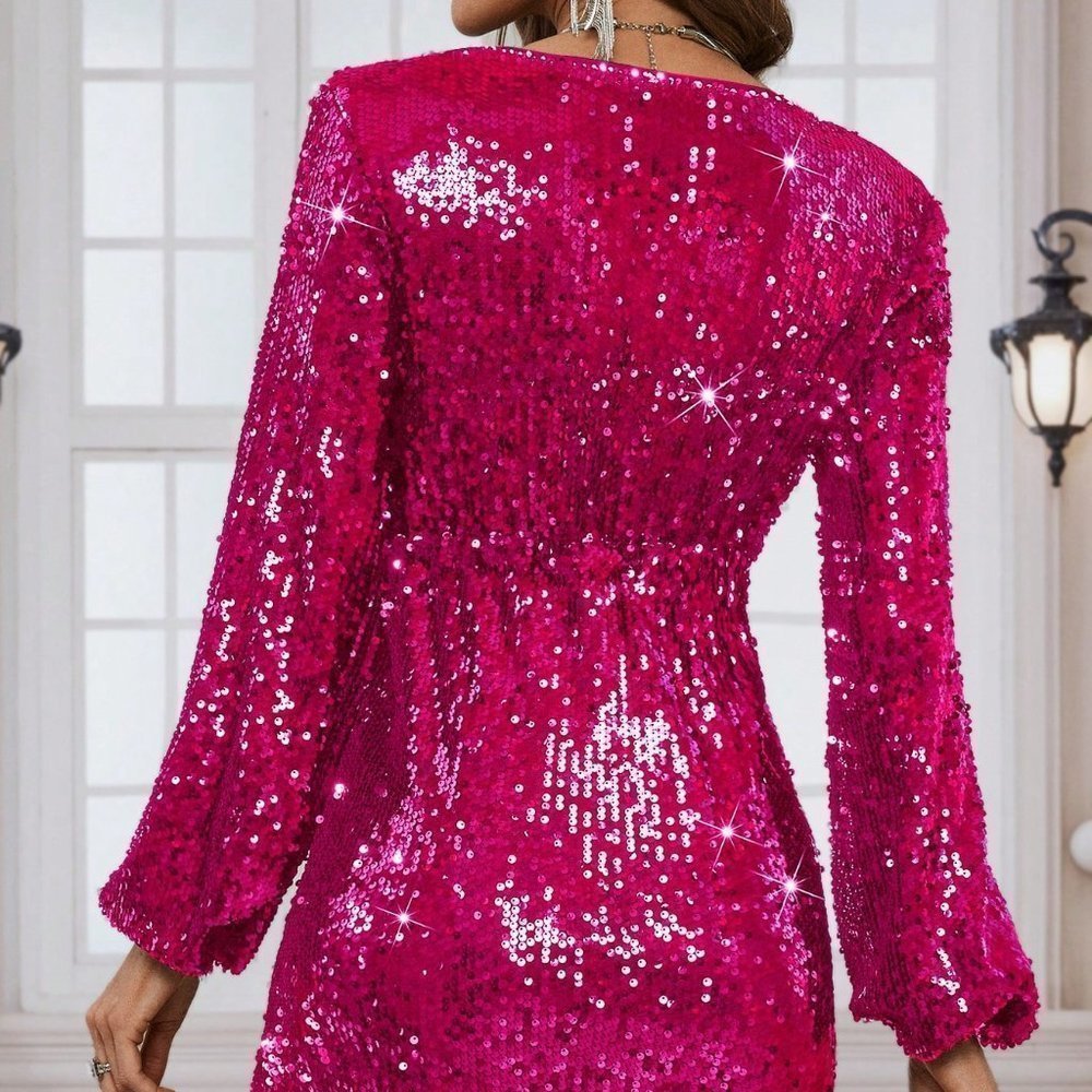 Hot Pink Preppy Womens Sequin Lantern Sleeve Dress - Picture 3 of 5